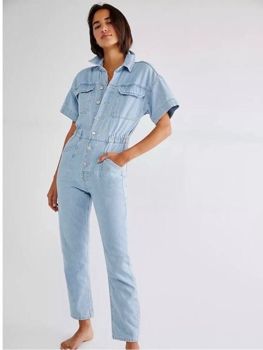 Free People Marci Jumpsuit in Clear Skies - Light Wash Denim